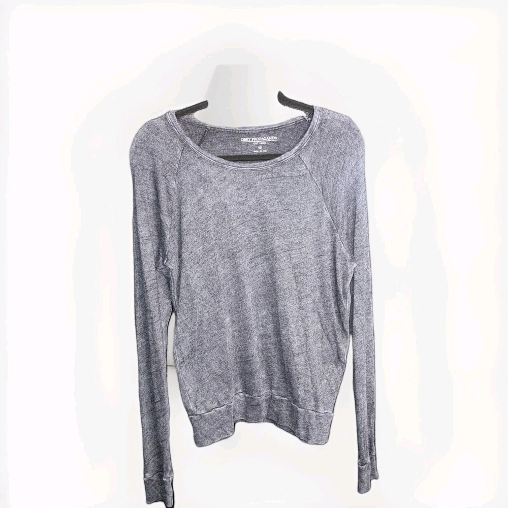 OBEY‎ PROPAGANDA Sweater Distressed Burnout Blue Size Medium Women's Long Sleeve